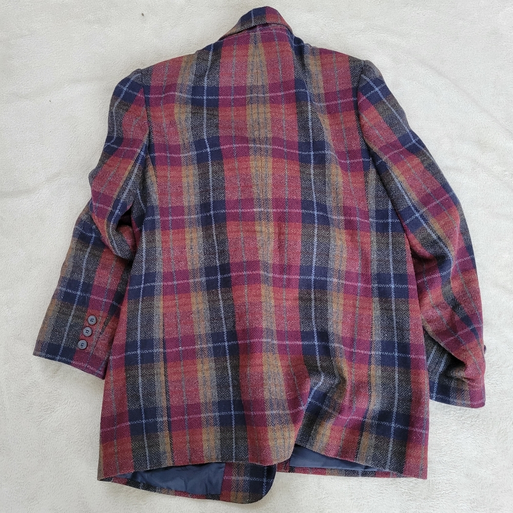 Plaid Wool Blazer Burgundy Navy Vintage Tartan Jacket 12 - Picture 5 of 6